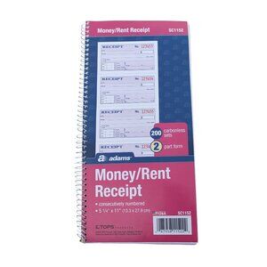 Adams Spiral Money/Rent Receipt Book, 2 Part Form, 5-1/4" x 11", (92 Receipts)